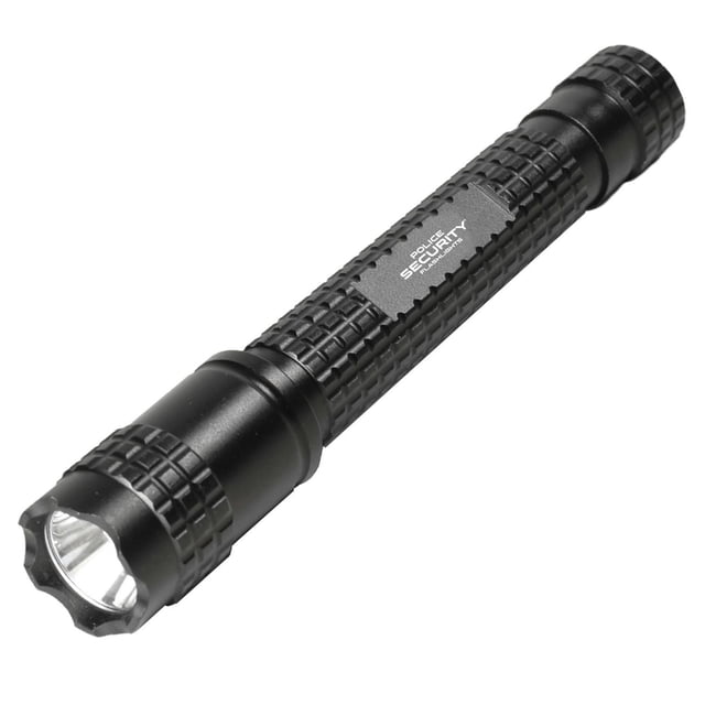 Police Security Maven flashlight with textured black cylindrical body and knurled grip, featuring a high-output LED lens delivering 250 lumens brightness and 150 meter beam distance, ideal for camping and outdoor use.