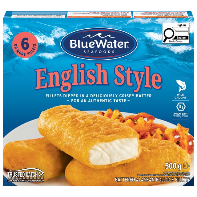 BlueWater Seafoods English Style Fish, Wild Caught Pollock, Frozen, 6 Count, 500 g Package showing battered Alaskan pollock fillets with a golden crispy coating on a white plate with seasoned vegetables, in a blue box featuring protein content and sodium warning, suitable for easy oven or air fryer cooking.