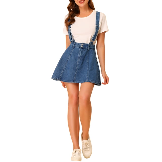 Unique Bargains Jupe à Bretelles Mini Décontractée pour Femme en Coton Lavé, Boutonnée devant, Ligne a, m Bleu TG