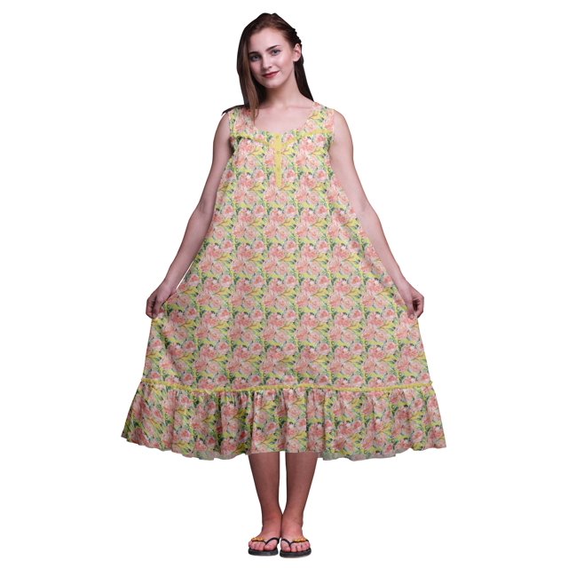 Bimba Medium Yellow3 Floral Ranunculus Tango Sleeveless Night Gown For Womens Cotton Printed Nightwear Ladies Sleepwear Small