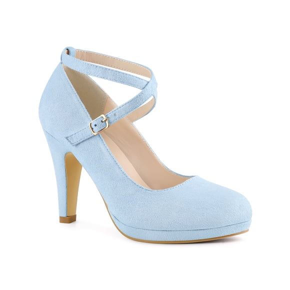 BLISSFUL STEP Women's Shoes Platform Round Toe Cross Strap Buckle Closure Stiletto Heel Mary Jane Pumps Light Blue 6