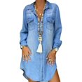 thumbnail image 1 of Robe Chemise Tunique en Denim pour Femmes à Manches Longues, à Revers, à Simple Boutonnage, 1 of 10