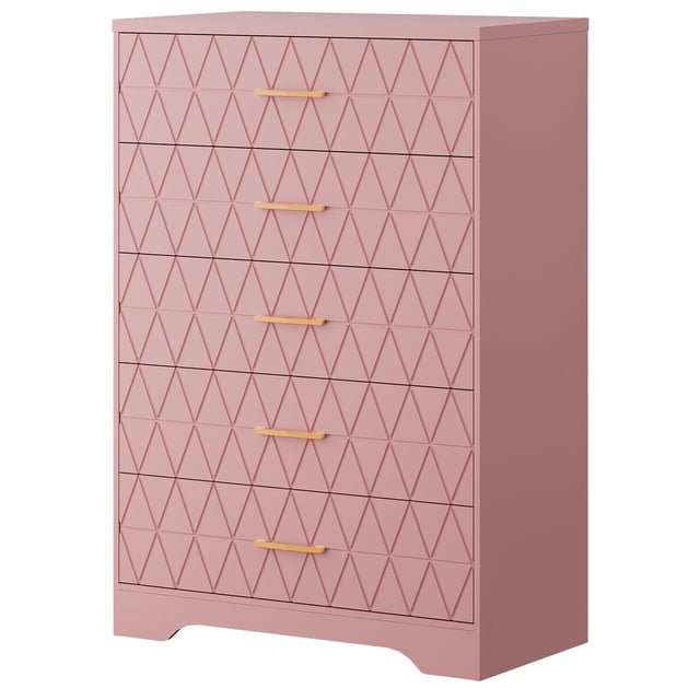GloryStar Commode Haute en Bois avec 5 Tiroirs, Armoire de Rangement à Poignées Dorées pour Chambre, Garde-Robe Ou Salon