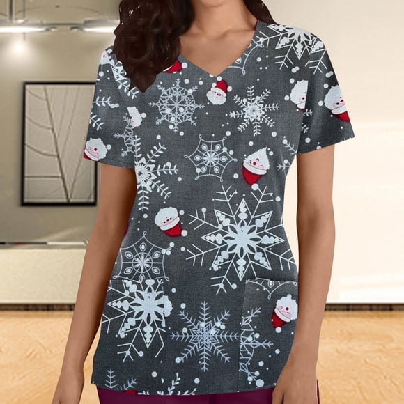EQWLJWE Christmas Scrub Tops Women Plus Size Snowflake and Fruit Printing V-Neck Short Sleeved Nurse Scrubs Uniform Work Clothes with Two Pocket Cute Christmas Scrub Top
