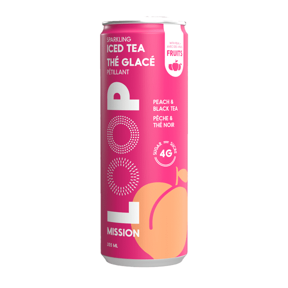 LOOP Mission Sparkling Iced Tea, Low Calorie, Peach Black Tea, Upcycled Real Fruit Juice, 355 mL, 1 Count, Can