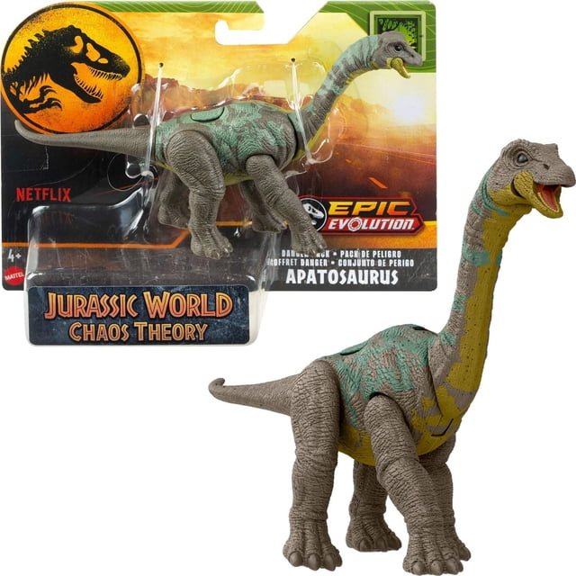 Jurassic World Danger Pack Apatosaurus Action Figure Toy with posable joints, textured gray and green body with yellow underbelly, shown in packaging featuring Jurassic World Chaos Theory and Epic Evolution branding, ideal for dinosaur play and display for ages 4 and up.