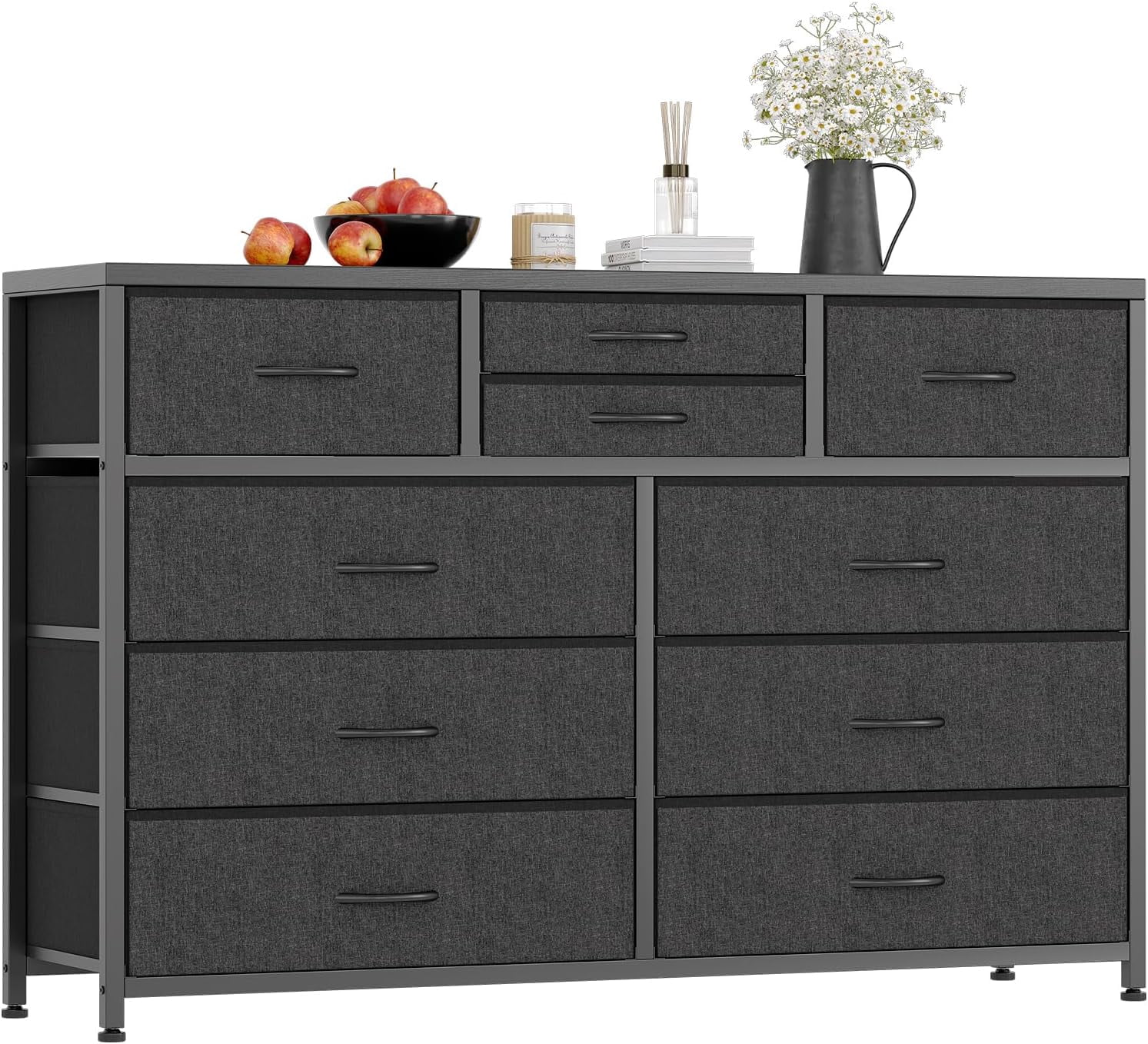 10 Drawers Fabric Dressers for Bedroom, Modern Chest of Drawers, Lightweight Entertainment Centre with Fabric Bins for Living Room, Hallway, 45" Wide TV Stand Dressers, Wood Top (Black_1)