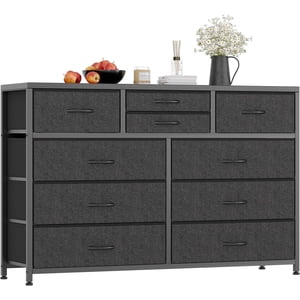 10 Dressers Dressers en tissu pour chambre, coffre moderne de tiroirs, centre de divertissement léger avec des bacs en tissu de salon, Hallway, 45" Large TV Tablettes, plateau en bois (Noir_1)