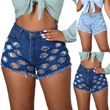 Pxkloy Short en Jean pour Femmes Décontracté Taille Haute Ajouré Short en Denim Effiloché Ourlet Brut Extensible Jeans Déchirés Short pour Dames Bleu Pâle, TTG
