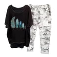 thumbnail image 1 of Mikilon Ensemble de Détente Confortable pour Femmes, Tenue d'Intérieur 2 Pcs, Ensemble de Détente Imprimé, Haut à Manches Mi-Longues à Col Rond + Pantalon, Noir-F 4TG, 1 of 5