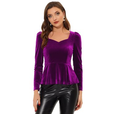 INSPIRE CHIC Blouse pour Femme Élégante en Velours à Encolure Cœur à Manches Longues Haut Péplum TG Violet