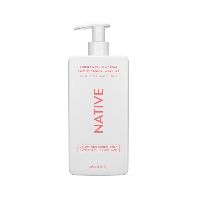 Native Revitalisant Volumisant aux Baies Indigènes et à la Crème à la Vanille dans une Bouteille à Pompe Rectangulaire Blanche avec Texte Corail, Présentant une Formule Sans Silicone et Sans Sulfate avec des Revitalisants à Base d'Huile Végétale, 487 ml (16,5 fl oz), Conçu pour Ajouter du volume Léger et Rebondir aux Cheveux Tout en Nourrissant Sans Alourdir.