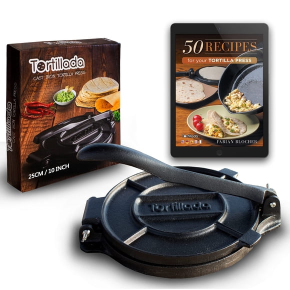 Tortillada Presse à Tortillas, Fabricant de Quesadillas/roti (25 cm) en Fonte avec Recettes Livre Électronique 50 Recettes de Tortillas