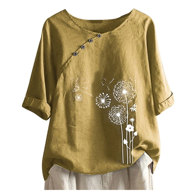 Penkiiy T-Shirts d'Été pour Femmes Décontractés en Coton et Lin T-Shirts à Manches Courtes Col Rond Chemise Ample T-Shirts Graphiques à Motif Floral L Jaune