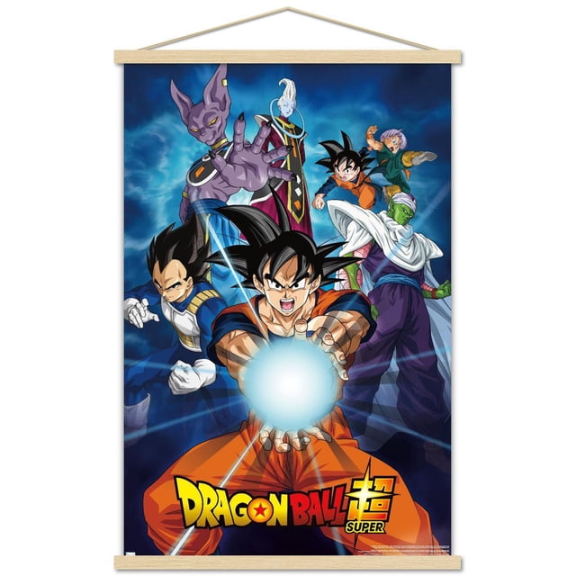 Dragon Ball Super - Affiche Murale de Groupe, 22,375 Po x 34 Po Encadrée Mettant en Vedette des Personnages Principaux de l'Anime en poses d'Action Dynamiques sur un Fond d'Énergie Bleue, Incluant Goku en gi orange Chargeant une Explosion d'Énergie, Vegeta en Armure Bleue et Blanche, Piccolo en cape Blanche et Tenue Violette, Trunks en Vert Offrant un Coup de Pied, Beerus à la Peau Violette Allant vers l'Avant, et Whis en Peignoirs Rouges et Noirs, avec le logo Dragon Ball Super