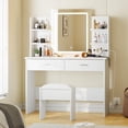 thumbnail image 1 of White Makeup Vanity Desk with Adjustable LED Lighted Mirror, Built-in Power Outlet, 6 Open Shelves, 2 Drawers and Matching Stool, Modern Dressing Table with Ample Storage for Bedroom, 1 of 6