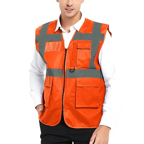 GOGO 5 Pockets High Visibility Safety Vest with Reflective Strips, Working Uniform Vest-Neon Orange-L