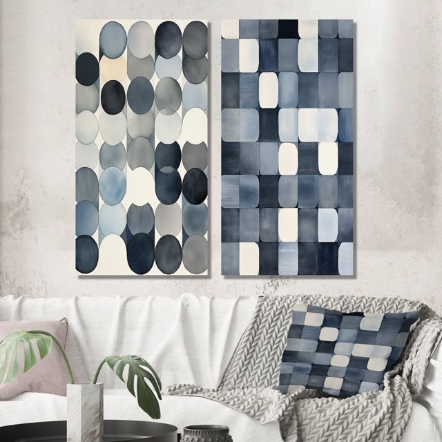 Designart "Circular Retro Watercolor Indigo Secrets II" Modern Geometric Wall Art Set Of 2 - Modern Blue Wall Decor Set Of 2