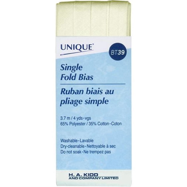 Unique Pli Simple Bias Tape Bordure de Couture Crème, 3,7 Mètres (4 yards) de long, Mélange de 65 % polyester et 35 % Coton, Lavable et Nettoyable à Sec, Idéal pour Finir les Bords et Ajouter de la structure aux Vêtements et à l'Artisanat, Plié Illustré avec Étiquette de Produit en Anglais et en Français.