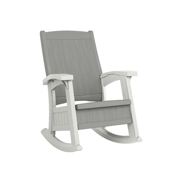 Suncast rocking chair in dove gray and ice cube colors featuring a storage compartment under the seat.