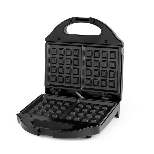 Salton Belgian Waffle Maker - 2 Waffles, Black, WM1075BK open with non-stick cooking plates featuring deep square grids for two waffles, black cool-touch handle, and compact upright design ideal for quick waffle making and easy cleaning in small kitchens or dorms.