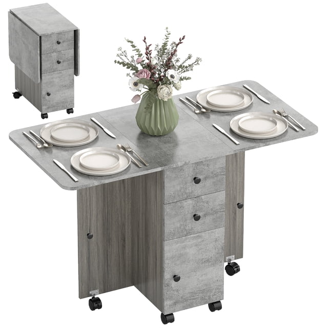 HOMCOM Table à Manger Pliable, Table à Abattants sur Roulettes, Chêne Gris Vieilli