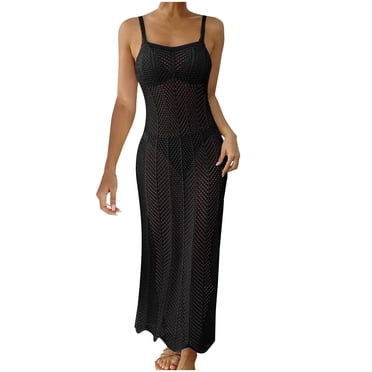 hotojiny Vêtements de Vacances à la Plage pour Femmes Col Carré Sans Manches Robe Maxi de Plage Cache-Maillot Transparente Ajourée en Tricot Cache-Maillots