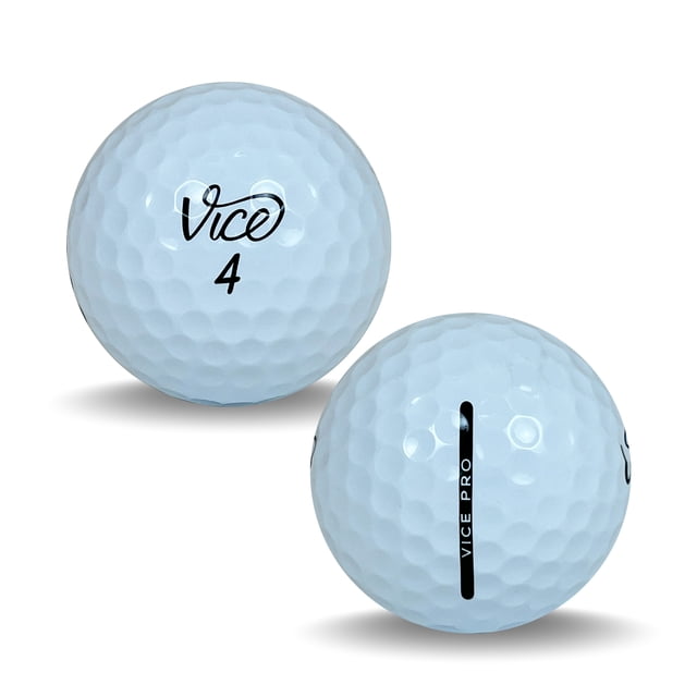 36 Vice Pro 5A par Mulligan Golf Balls - Balles de Golf Usagées. Deux Balles de Golf Blanches avec une surface Bosselée, Présentant le logo Vice et des Marquages de Texte pour l'Alignement. Gradées 5A pour un État Impeccable, Ces Balles Sont Nettoyées, Testées et Triées pour une performance de Qualité. Connues pour les Tirs Longue Distance, une Sensation Douce et un Contrôle, Elles Sont Économiques et Écoresponsables avec un Emballage Recyclé, Convenant aux Golfeurs de Tous les Niveaux D'H