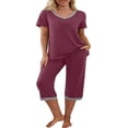 thumbnail image 1 of Pyjama en Coton pour Femmes, Ensemble Pjs à Manches Courtes, Haut de Nuit avec Pantalon Capri, Ensembles de Détente, Tenue de Nuit, 1 of 6