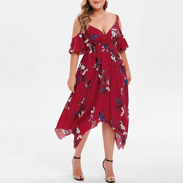 Robe à Manches Courtes pour Femmes Grande Taille Mode Femmes Sexy Imprimé Floral Manches Courtes Col en V Robe à Bretelles en Solde