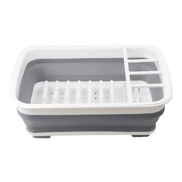 ITY International collapsible dish rack in gray, measuring 14.5 inches by 12.25 inches by 5 inches. Features a foldable design for easy storage, integrated utensil holder, and drainage holes to prevent water buildup. Ideal for organizing dishes and utensils in compact kitchen spaces.