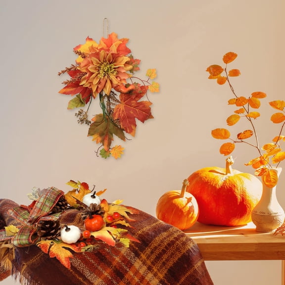 Todaioua Fall Teardrop Swag Fall Door Swag Autumn Leaf Pumpkin Berry Garland Wreath for Halloween Thanksgiving Farmhouse Harvest Front Door Decorations