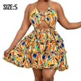 thumbnail image 1 of Robe Imprimée pour Femmes Funky Col Licou Sans Manches à Bretelles Découpe Dos Nu Boîte de Nuit Fête Mini Robe, 1 of 4
