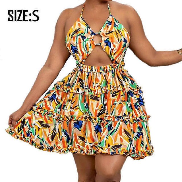 Robe Imprimée pour Femmes Funky Col Licou Sans Manches à Bretelles Découpe Dos Nu Boîte de Nuit Fête Mini Robe