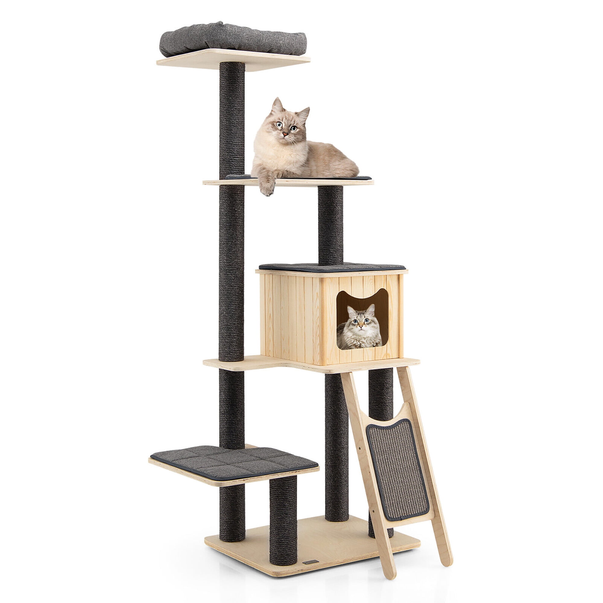 Gymax 69 in Modern Wood Cat Tree 5-Tier Tall Cat Tower w/ Washable Cushions