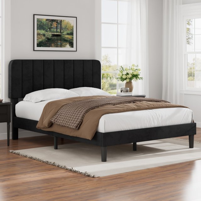 VECELO Full Size Upholstered Beds, Modern Platform Bed Frame with Adjustable Headboard, Wooden Slats Support/No Box Spring Needed, Black