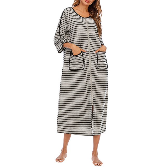 maskred Polyester Robe de Nuit pour Femmes en Col Rond à Manches Longues à Double Poche Respirante Automne Hiver Peignoir de Maison Tenue de Nuit Vêtements de Nuit Gris TG