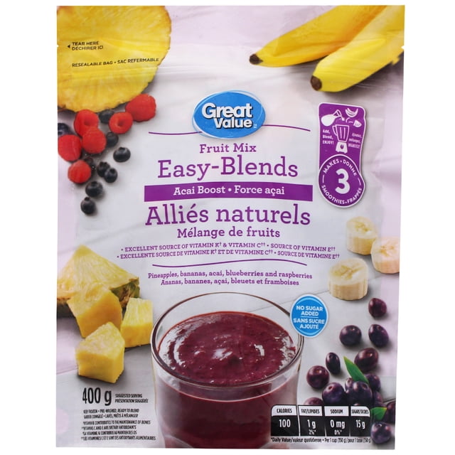 Great Value Easy-Blends Acai Boost Fruit Mix resealable frozen fruit bag with pineapples, bananas, acai, blueberries, and raspberries, no sugar added, excellent source of vitamins E, K, and C, makes 3 smoothies, pre-washed and ready to blend, suitable for quick nutritious smoothies.