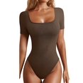 thumbnail image 2 of Women'S 2 Piece Bodysuits Ribbed Square Neck Short Sleeve Bodysuits Coffee Color L, 2 of 8