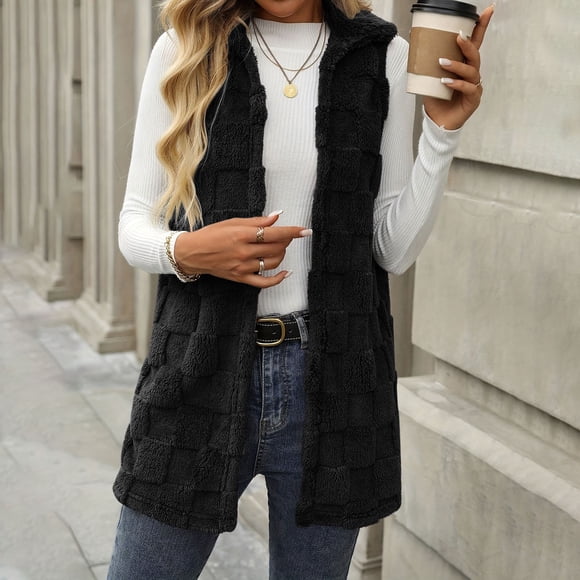 Nfurl Womens Vests Fashion Casual Solid Color Fleece Vest for Fall Dressy Sleeveless Jackets Loose Fit Long Vest Coats Black M