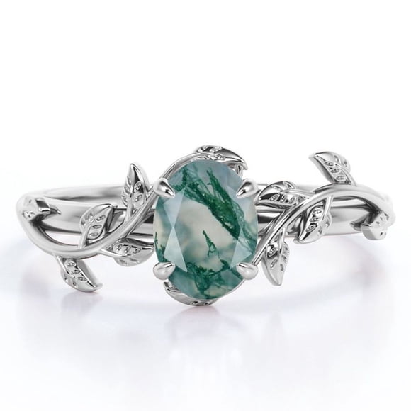 JeenMata Inspirée par la Nature - Agate Blanc Laiteux Vert Mousse de Forme Ovale de 1,3 Carat - Bague de Fiançailles à Quatre Griffes - Placage Or Blanc 18K sur Argent