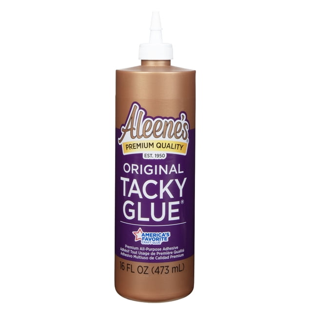 Aleene’s Original Tacky Glue 16 fl oz bottle with a brown cylindrical body and white pointed cap, featuring a purple label that highlights its thick, fast-grabbing all-purpose craft adhesive formula ideal for paper, fabric, wood, and foam projects.