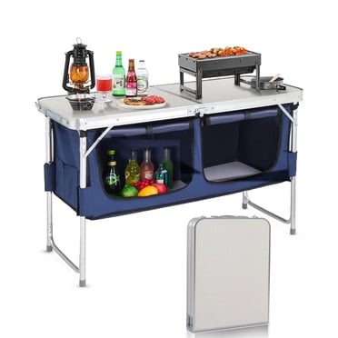 Acpouw Table de Camping Pliant de 4 Pi avec Rangement, Station de Cuisine de Camping, Table Pliante Portable en Aluminium Table de Cuisson de Camp avec Organisateur de Rangement et 2 Pieds Réglables, Blanc