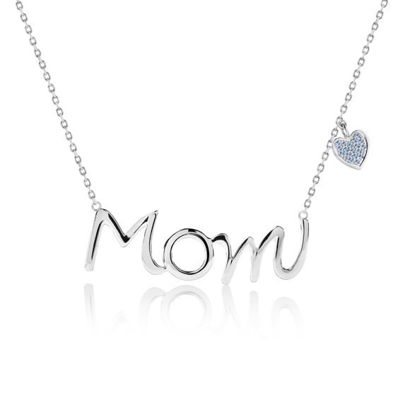 JeenMata Mom Script Pendant - March Aquamarine Birthstone Decorated Heart Charm Pendant Necklace in 18K White Gold Plating for Women