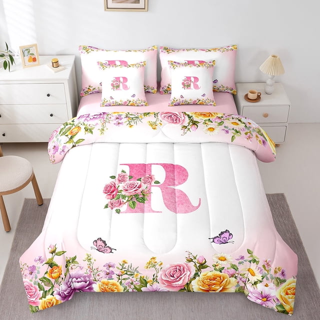 Erosebridal Ensemble de Literie Complet Format Double à Initiale Florale, Ensemble de Lit Fleurs et Papillons, Déco de Chambre pour Ados, Réversible, 7 Pcs