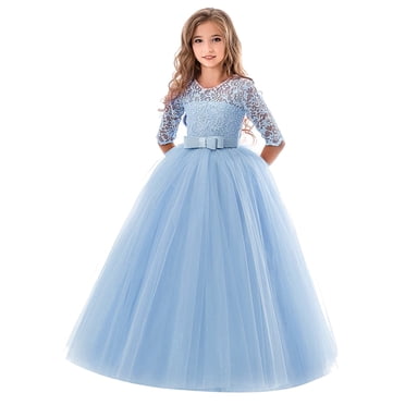 YOUSNH Robe de Bal Formelle Princesse pour Enfants Robes Tulle Robe de Concours Mariage Fleur Bouffante Robe de Bal Demoiselle d'Honneur Fille Dentelle Robe et Jupe Filles Robes Filles Bleu 130