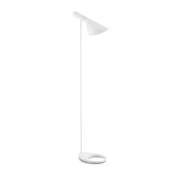 AVVA floor lamp in white with a slim aluminum pole, circular base, and adjustable conical iron shade featuring a tilt function, suitable for versatile home lighting and durable use.