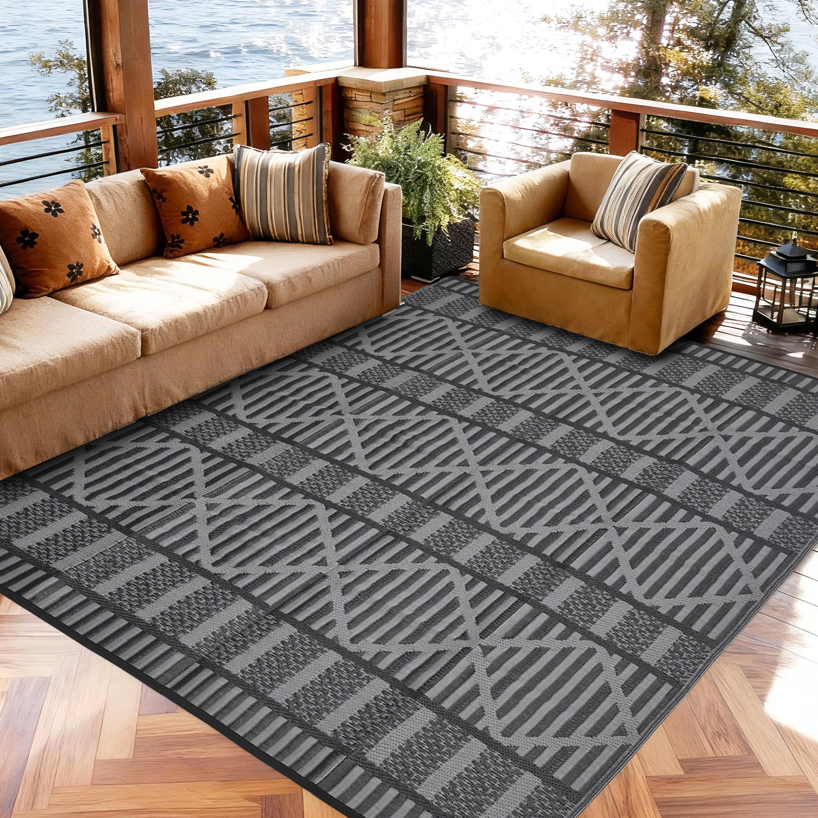 Garvee 8'x10' Outdoor Rug Waterproof Outdoor Patio Rug Mat, Reverisble Plastic Straw Outdoor Rug for RV Camping Picnic Beach Balcony, Black and Grey