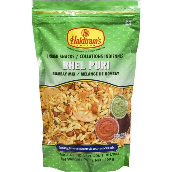 Haldiram Bhel Puri 150 G resealable green pouch containing a mix of puffed rice, peanuts, and sev with images of green and red chutneys, representing this Indian snacks Bombay mix as a crunchy, tangy street food from Mumbai, suitable for quick tea-time snacking.