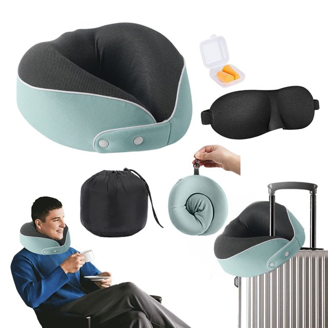Wzzjkit 4PCS Neck Pillow with Eye Mask Earplugs Storage Bag, Breathable Travel Airplane Pillow, Solid Color Travel Pillow for Plane Car Home Recliner Use